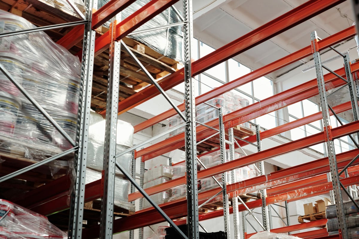 Wrapped goods on pallets inside a freight warehouse